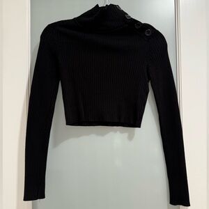 Zara Black Ribbed Sweater Knit Cropped Top Button Detail to Turtleneck